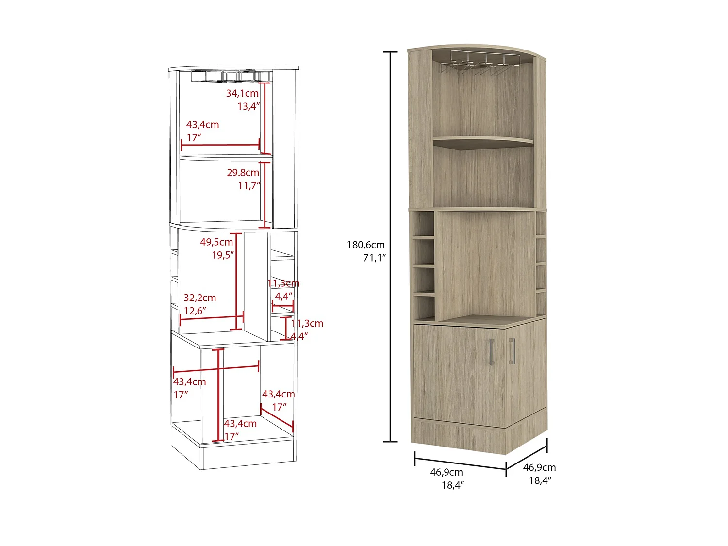 Mueble bar esquinero Kava Beijing de 181 cm con botellero, portacopas y 2 puertas, roble claro