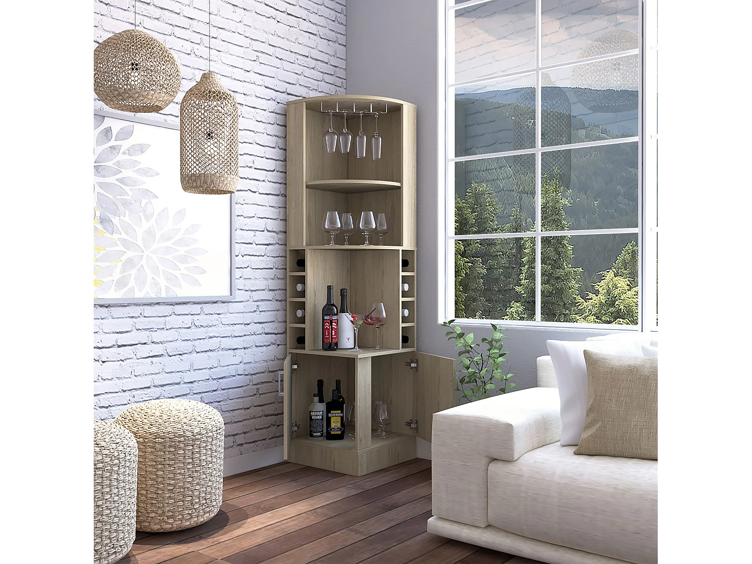 Mueble bar esquinero Kava Beijing de 181 cm con botellero, portacopas y 2 puertas, roble claro