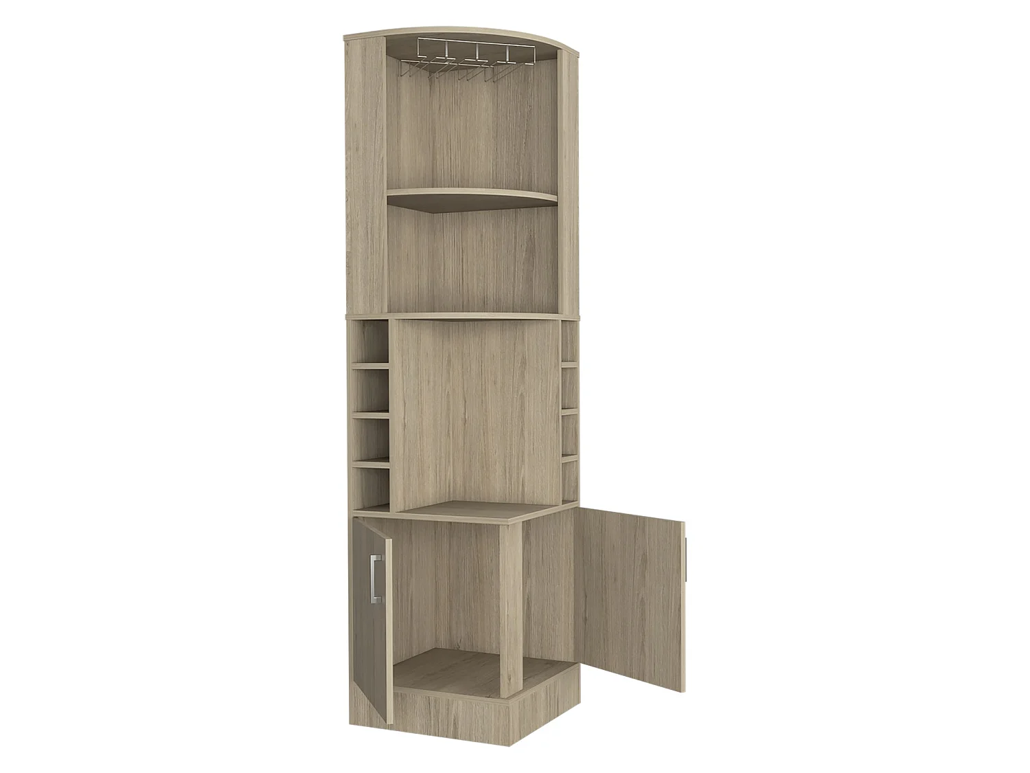 Mueble bar esquinero Kava Beijing de 181 cm con botellero, portacopas y 2 puertas, roble claro