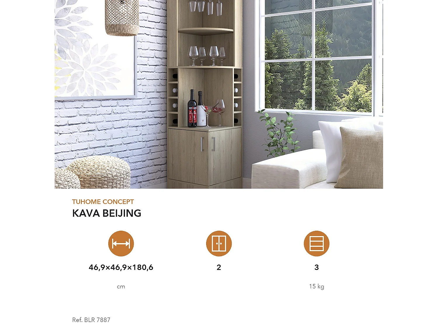 Mueble bar esquinero Kava Beijing de 181 cm con botellero, portacopas y 2 puertas, roble claro