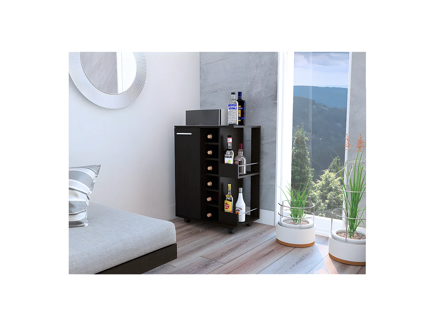 Bar chariot, barre de carte avec statues latérales, chariot de bar, 82,1 cm à x 60 cm et x 37,5 cm P, wengue