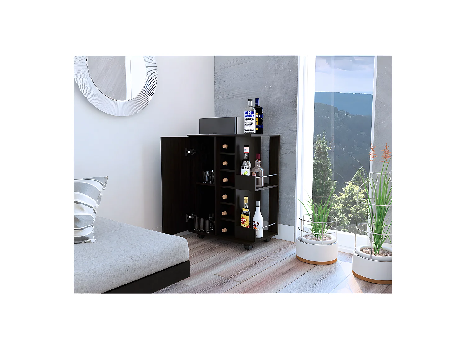 Bar chariot, barre de carte avec statues latérales, chariot de bar, 82,1 cm à x 60 cm et x 37,5 cm P, wengue