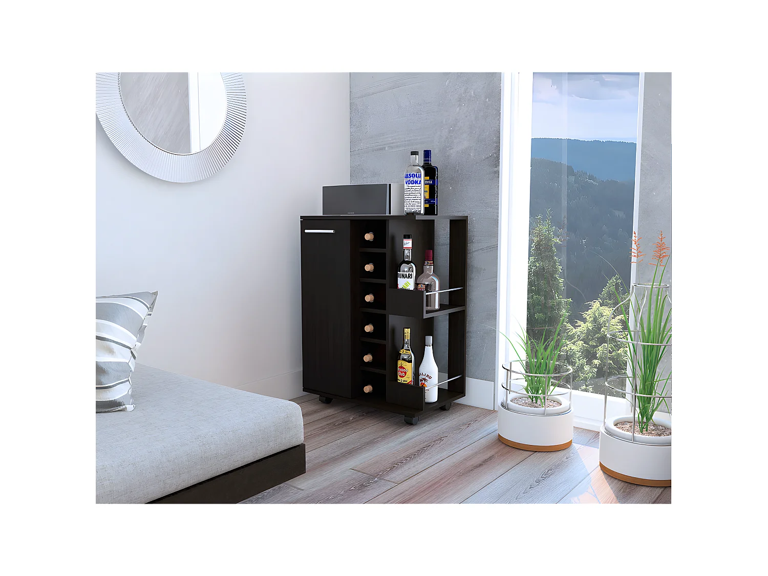 Bar chariot, barre de carte avec statues latérales, chariot de bar, 82,1 cm à x 60 cm et x 37,5 cm P, wengue