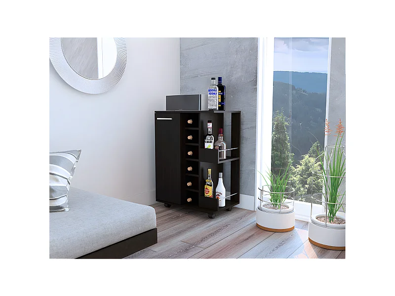 Carrinho de bar com suporte para garrafas e rodas, 82.09 cm X 59.99 cm X 37.49 cm , Preto