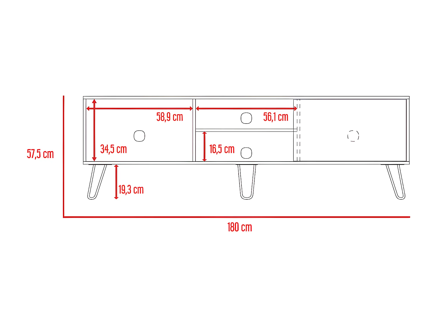 Meubles de télévision Z180 Andorra avec capacité pour la télévision 70 pouces, 57,5 ​​cm à x 180 cm le x 35 cm P, Le noyer