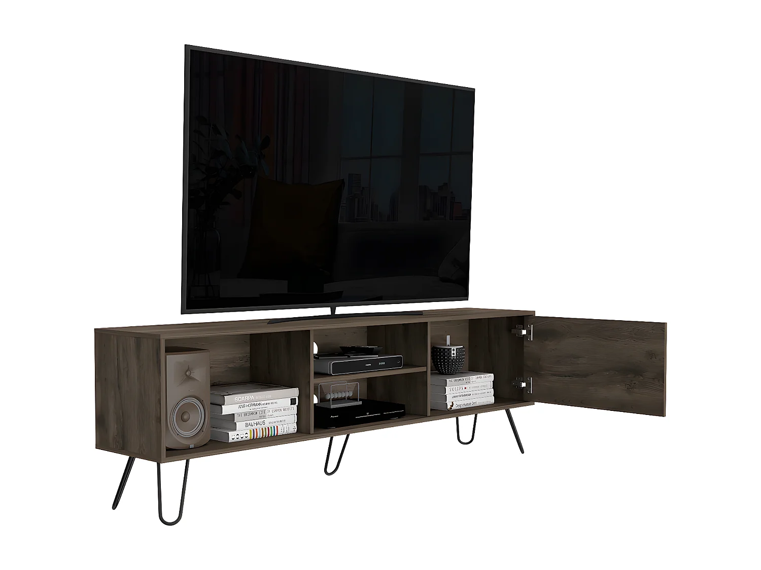 Meubles de télévision Z180 Andorra avec capacité pour la télévision 70 pouces, 57,5 ​​cm à x 180 cm le x 35 cm P, Le noyer