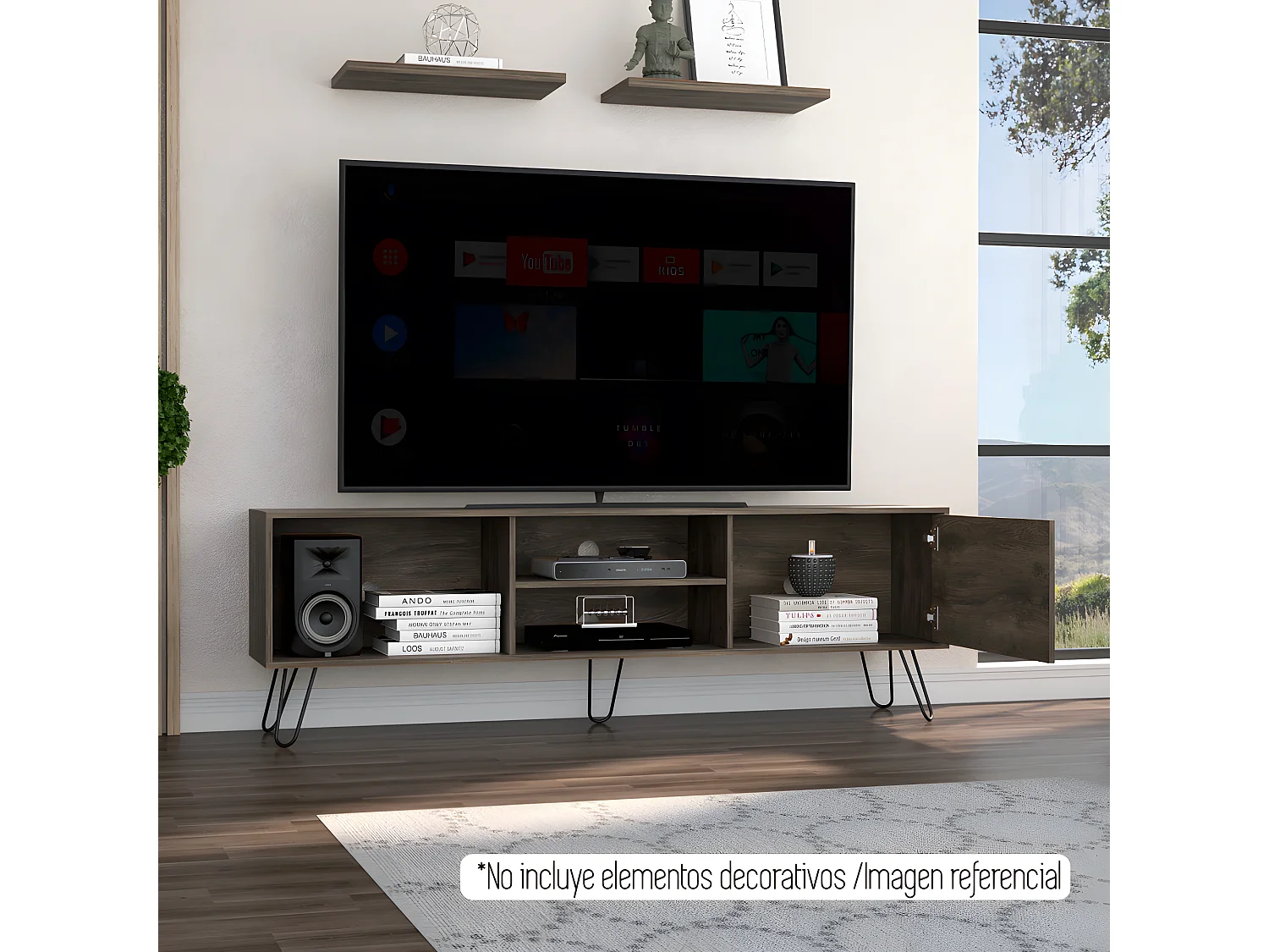 Meubles de télévision Z180 Andorra avec capacité pour la télévision 70 pouces, 57,5 ​​cm à x 180 cm le x 35 cm P, Le noyer