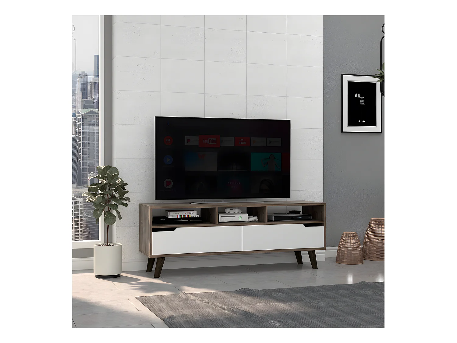 Cabinet télévisé Oslo avec étagères inférieures, 51 cm à x 39 cm P x 137 cm et Le noyer / blanc