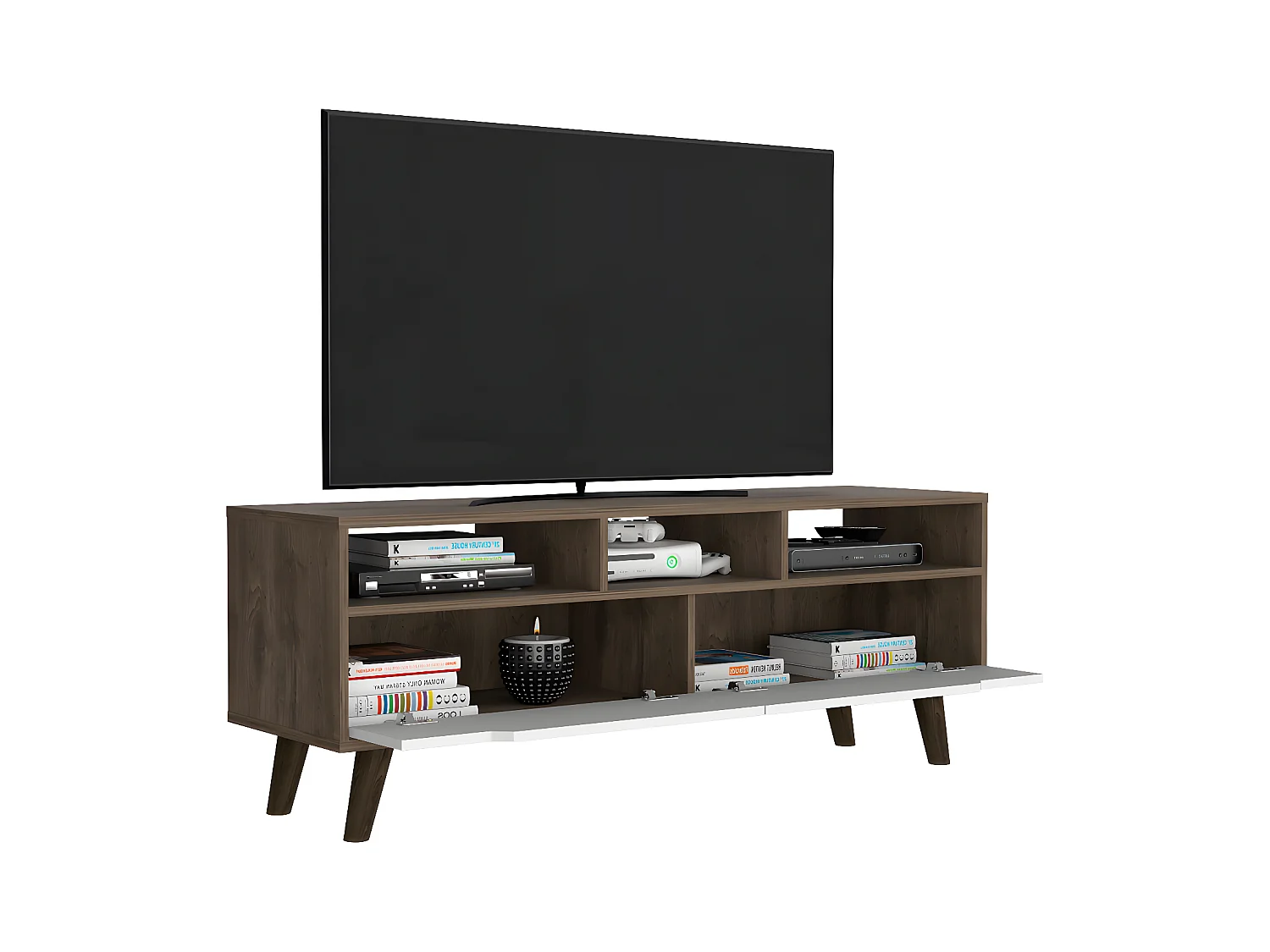 Cabinet télévisé Oslo avec étagères inférieures, 51 cm à x 39 cm P x 137 cm et Le noyer / blanc