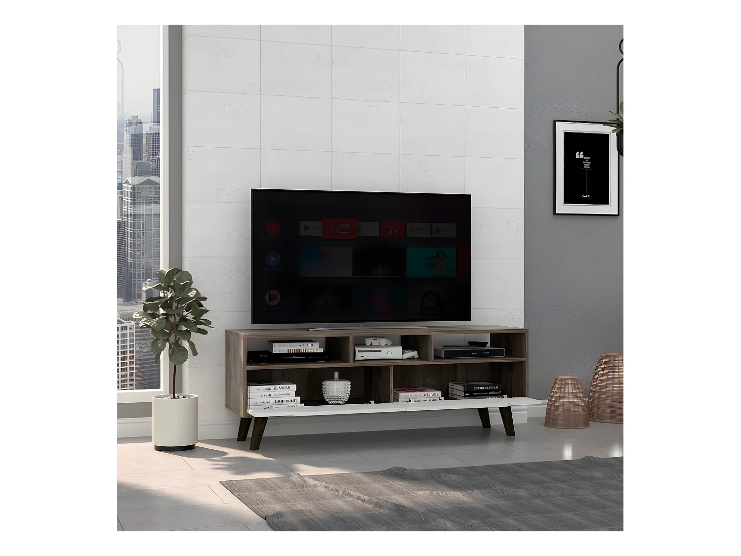 Cabinet télévisé Oslo avec étagères inférieures, 51 cm à x 39 cm P x 137 cm et Le noyer / blanc