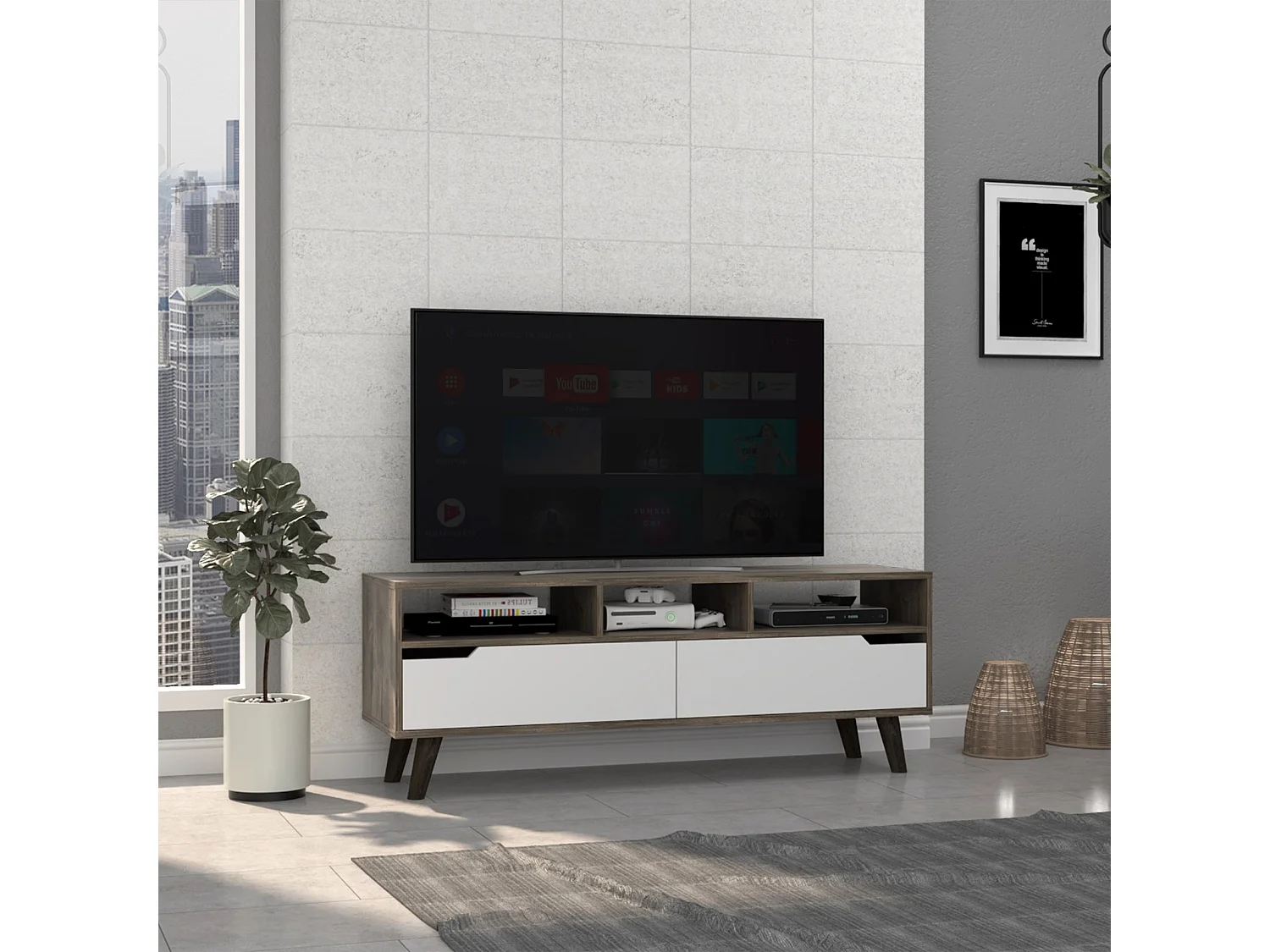 Gabinetto TV Oslo con ripiani inferiori, da 51 cm a x 39 cm P x 137 cm AN, ACORO/BIANCO