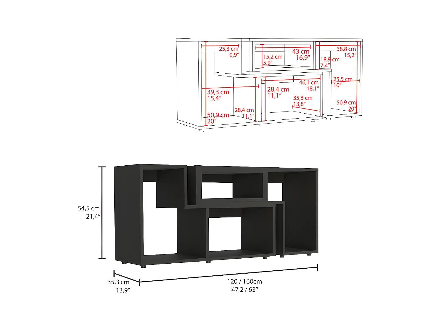 Mobile TV allungabile Beijing, con mobile 54,5CM L X 121 / 160CM L X 35,3CM P Nero