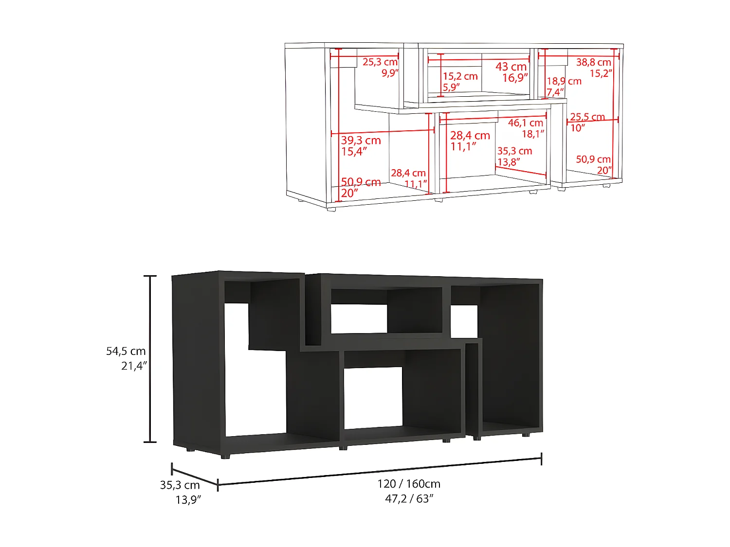 Mobile TV allungabile Beijing, con mobile 54,5CM L X 121 / 160CM L X 35,3CM P Nero