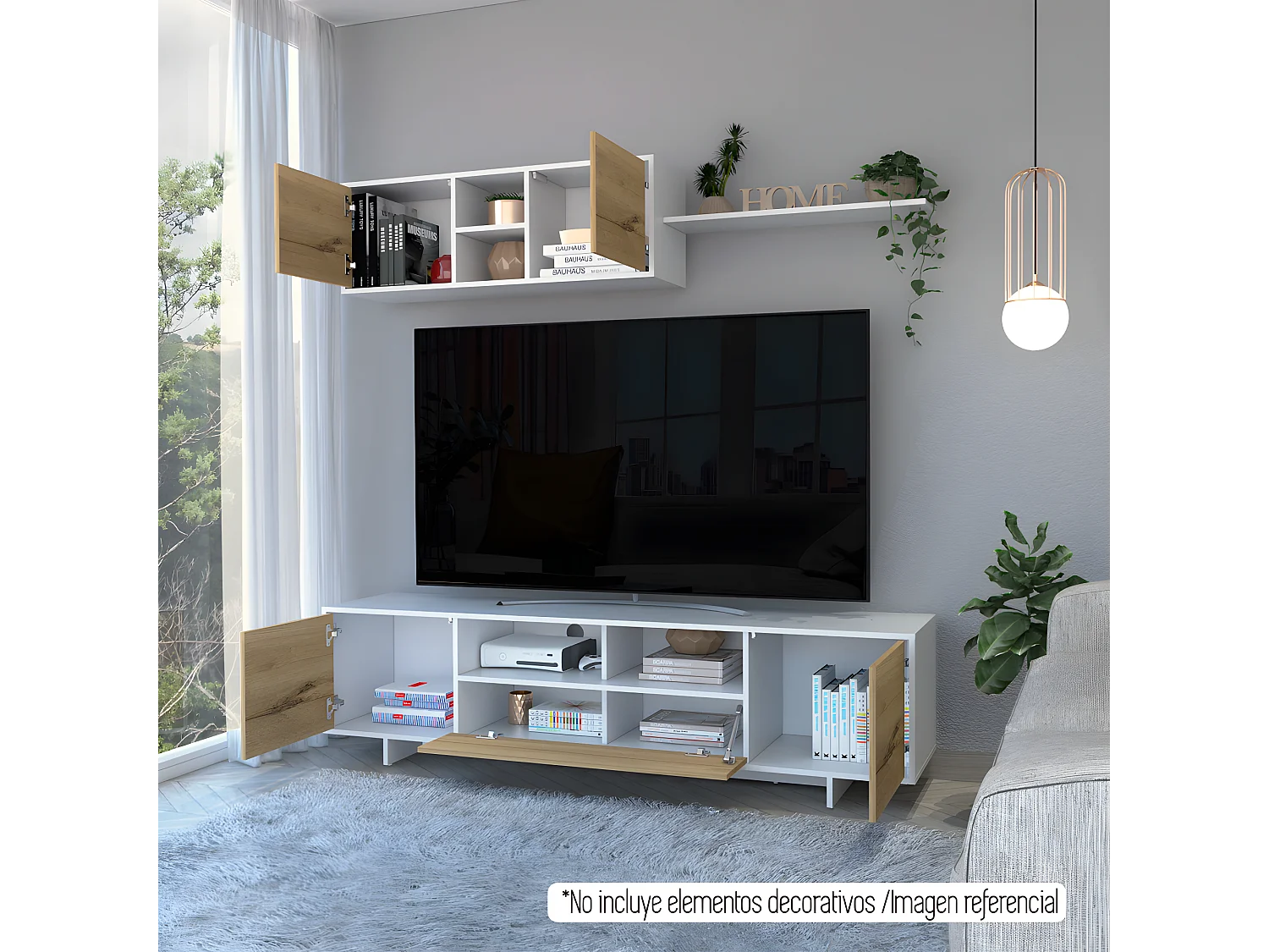Meubles de télévision 180 Agata avec module mural, 47,6 cm à x 180 cm le x 41 cm P, blanc / dune.