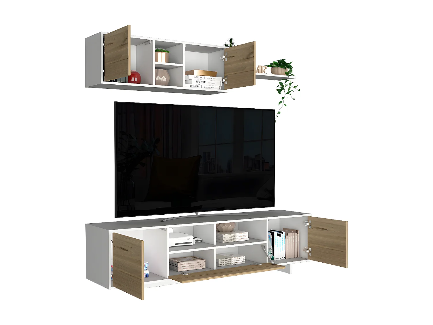 Meubles de télévision 180 Agata avec module mural, 47,6 cm à x 180 cm le x 41 cm P, blanc / dune.