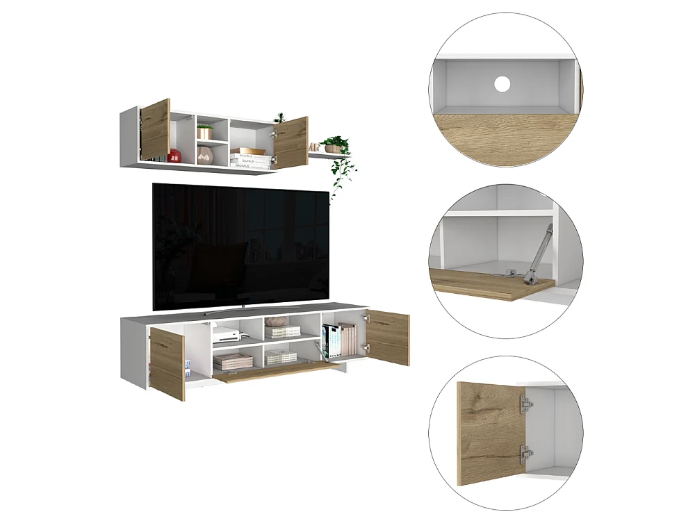 Meubles de télévision 180 Agata avec module mural, 47,6 cm à x 180 cm le x 41 cm P, blanc / dune.