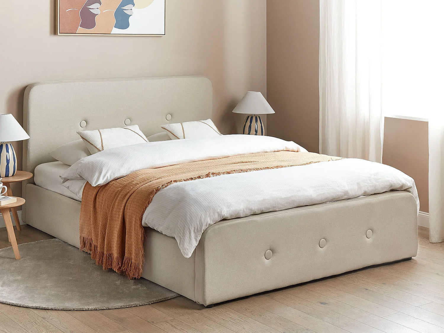 Letto contenitore rete a doghe tessuto beige 160 x 200 cm RENNES