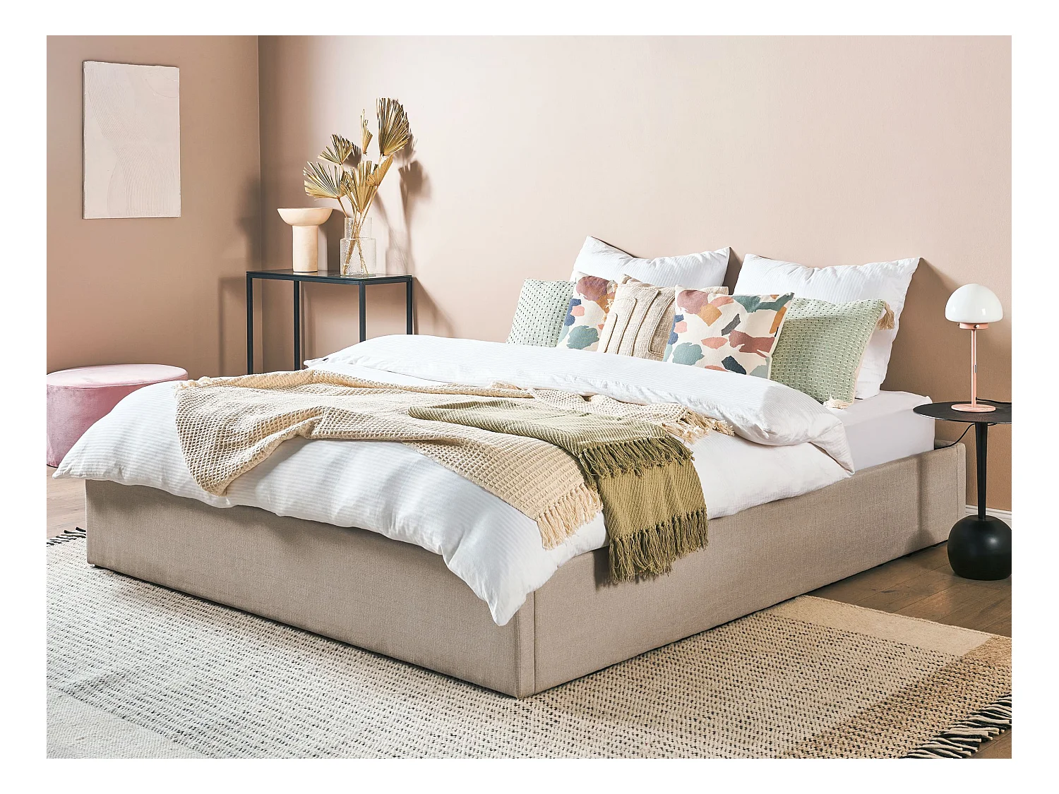Lit ottoman sans tête de lit Tissu DINAN 180 x 200 cm Marron clair