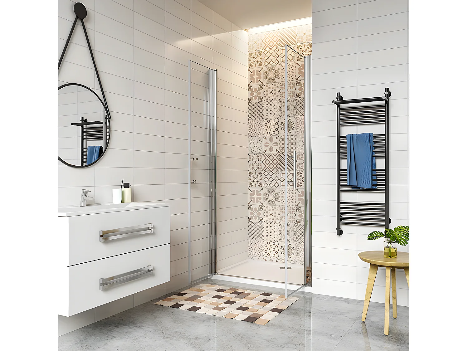 Porte de douche battante 100x197cm en 6mm verre anticalcaire avec receveur de douche blanc 100x70x3cm