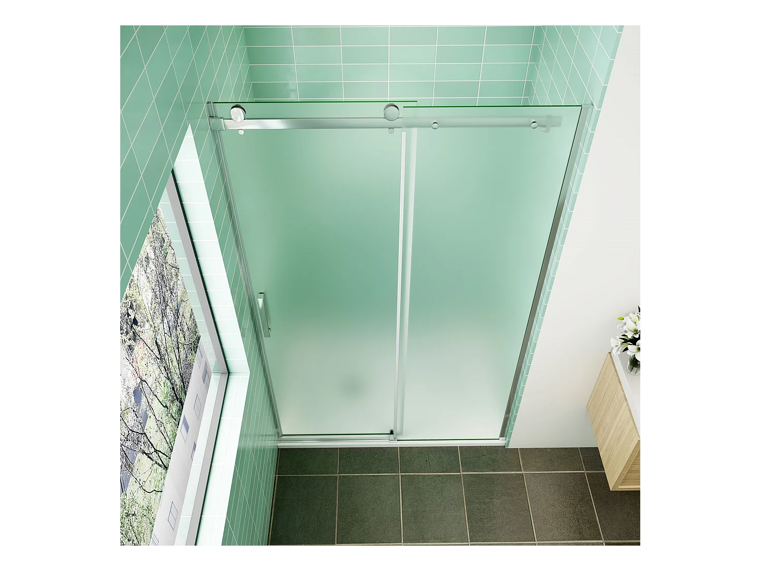 Porte de douche coulissante 140x195cm verre sablé installer à droite, porte de douche en 8mm verre anticalcaire