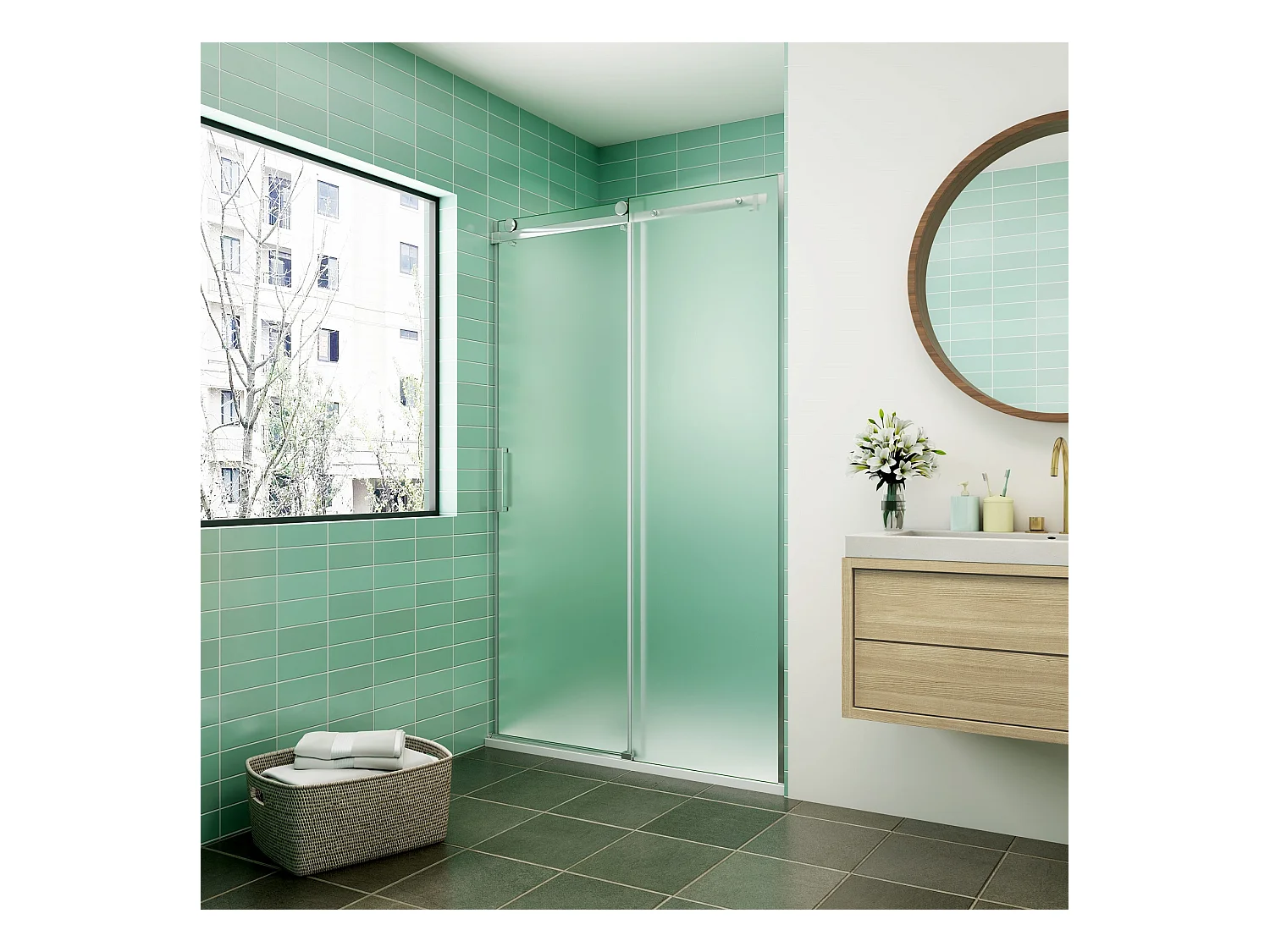 Porte de douche coulissante 140x195cm verre sablé installer à droite, porte de douche en 8mm verre anticalcaire