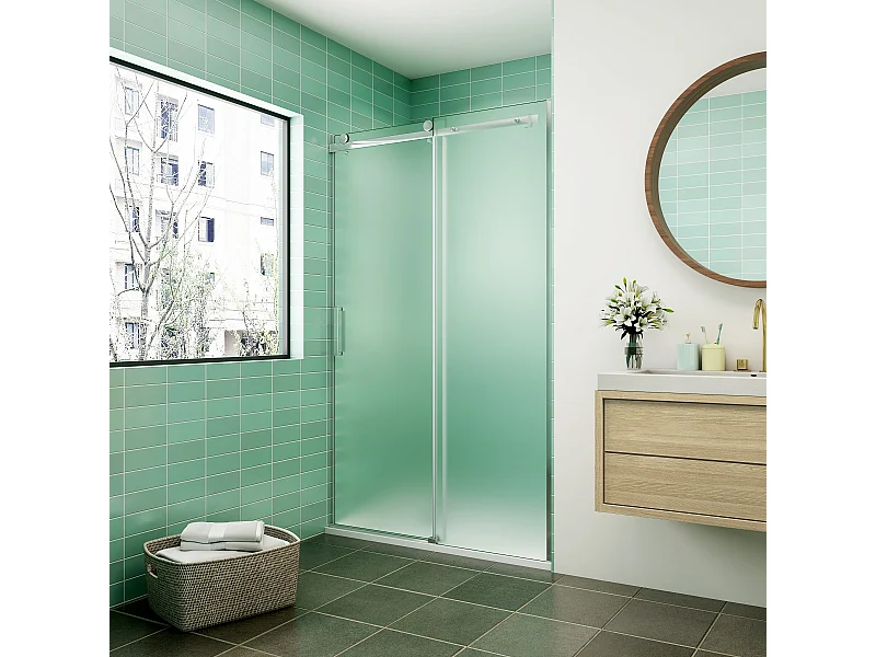 Schuifdeur douche 140x195cm gezandstraald glas rechts monteren, douchedeur in 8mm antikalk glas