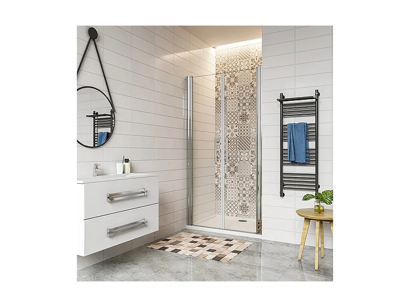 Porte de douche battante 90x197cm en 6mm verre anticalcaire avec receveur de douche blanc 90x70x3cm