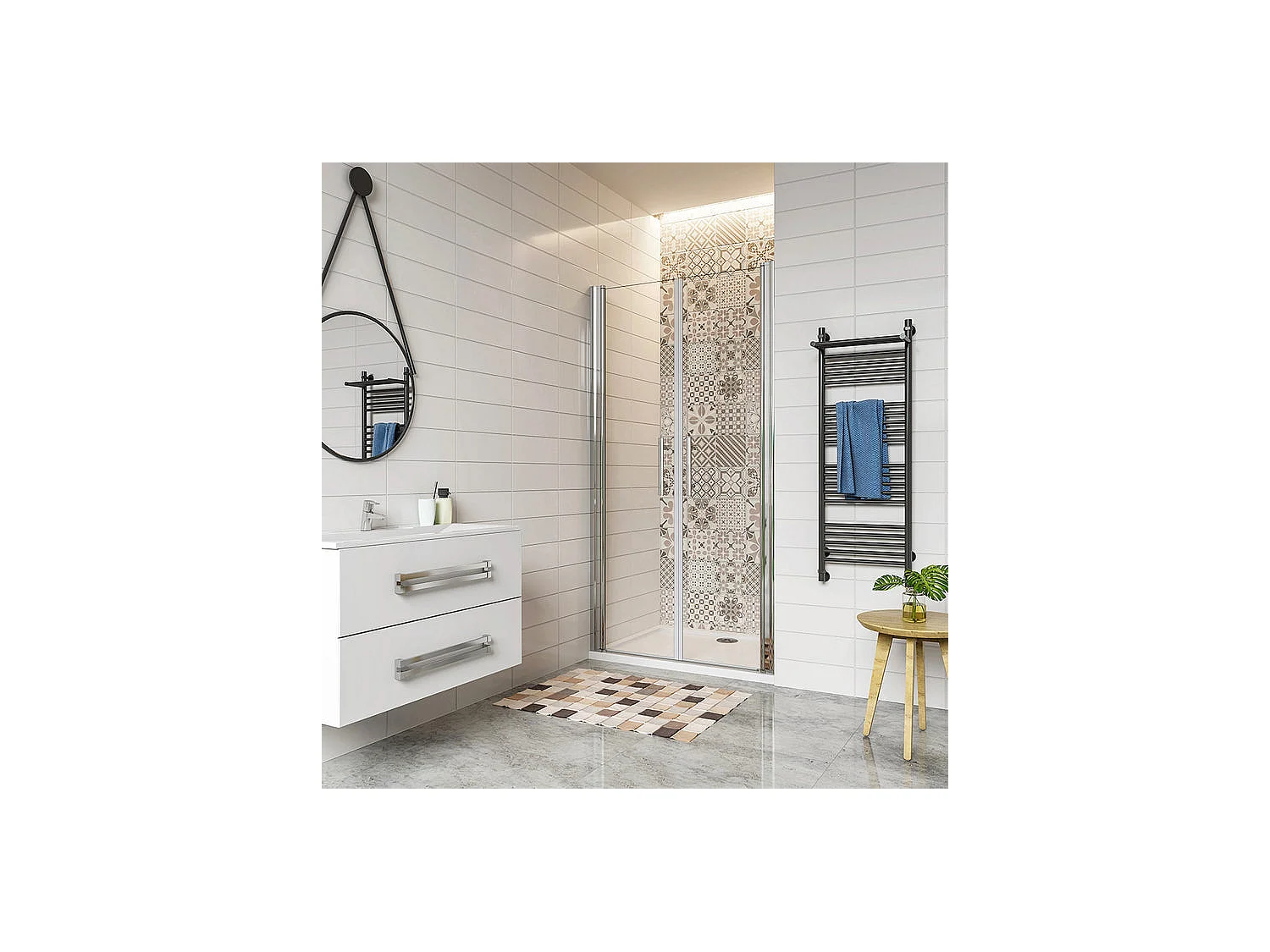 Porte de douche battante 90x197cm en 6mm verre anticalcaire avec receveur de douche blanc 90x70x3cm