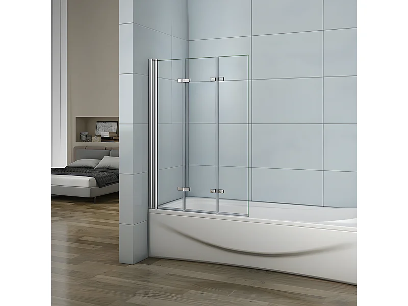 Pare-baignoire 130cm Hauteur 140cm, paroi de baignoire pivotant et pliant, 3 volets en verre anticalcaire
