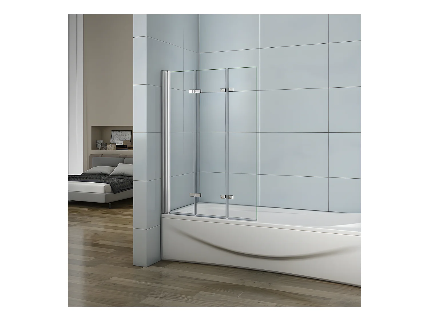 Pare-baignoire 130cm Hauteur 140cm, paroi de baignoire pivotant et pliant, 3 volets en verre anticalcaire