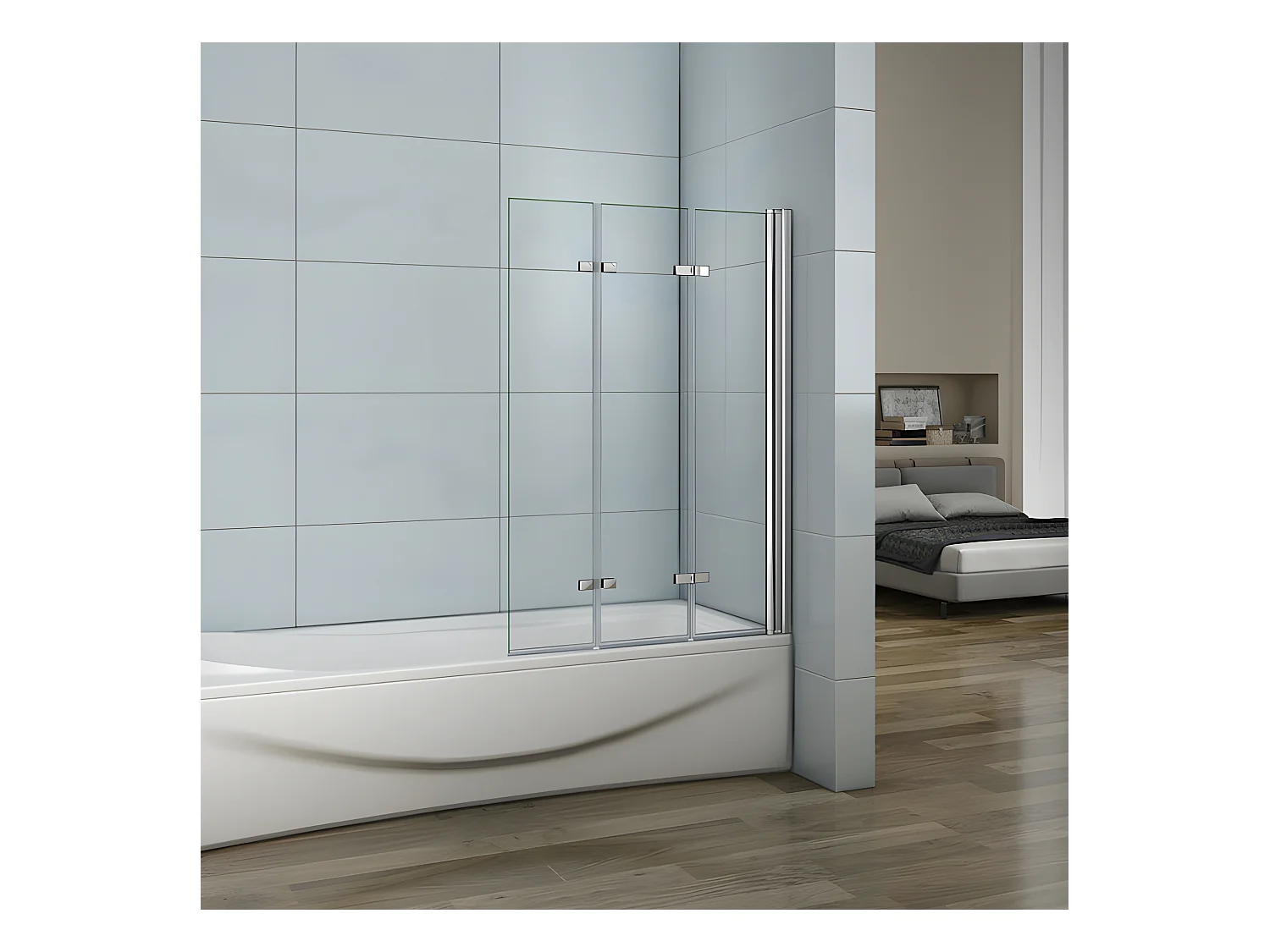 Pare-baignoire 130cm Hauteur 140cm, paroi de baignoire pivotant et pliant, 3 volets en verre anticalcaire