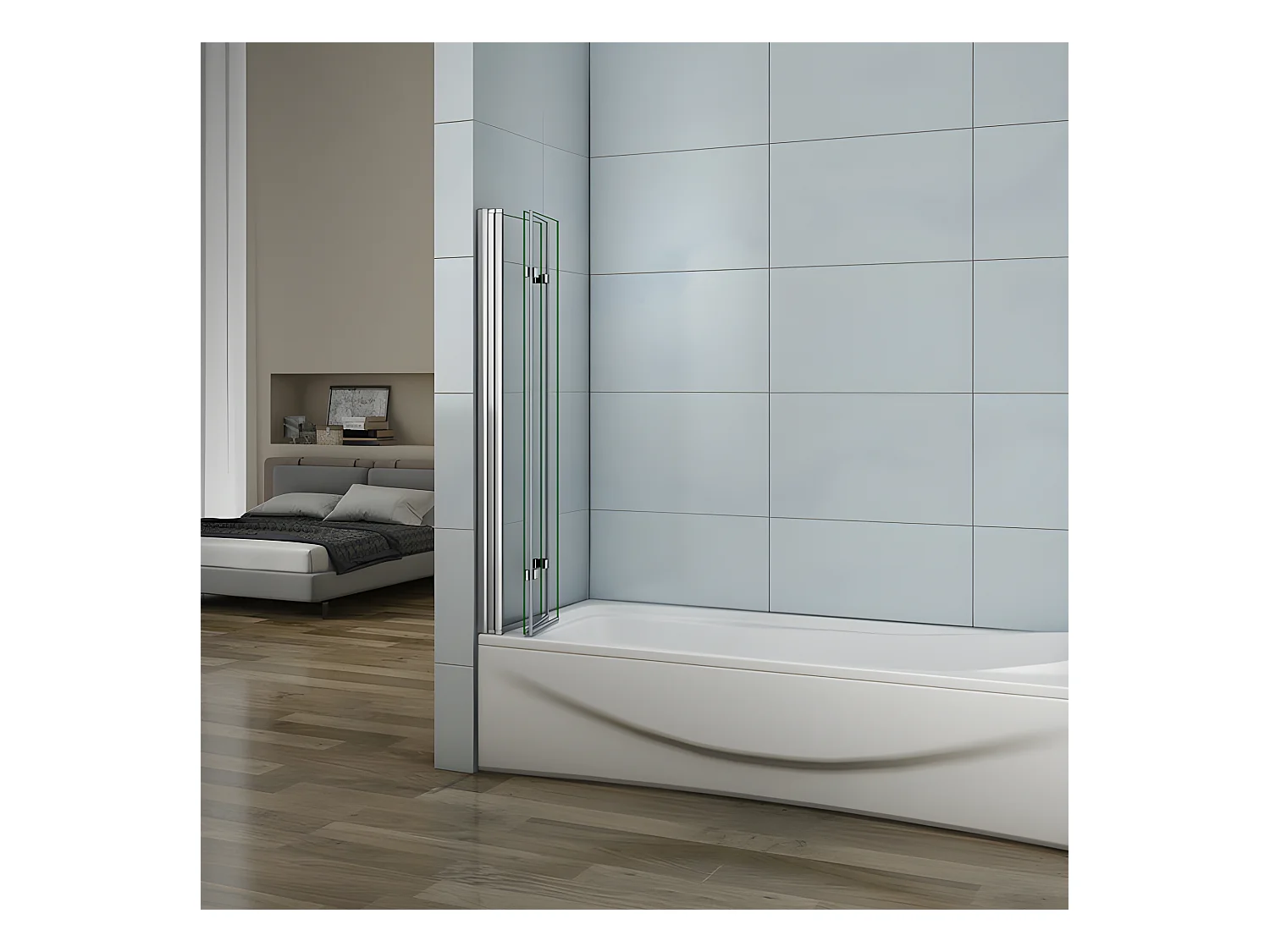 Pare-baignoire 130cm Hauteur 140cm, paroi de baignoire pivotant et pliant, 3 volets en verre anticalcaire