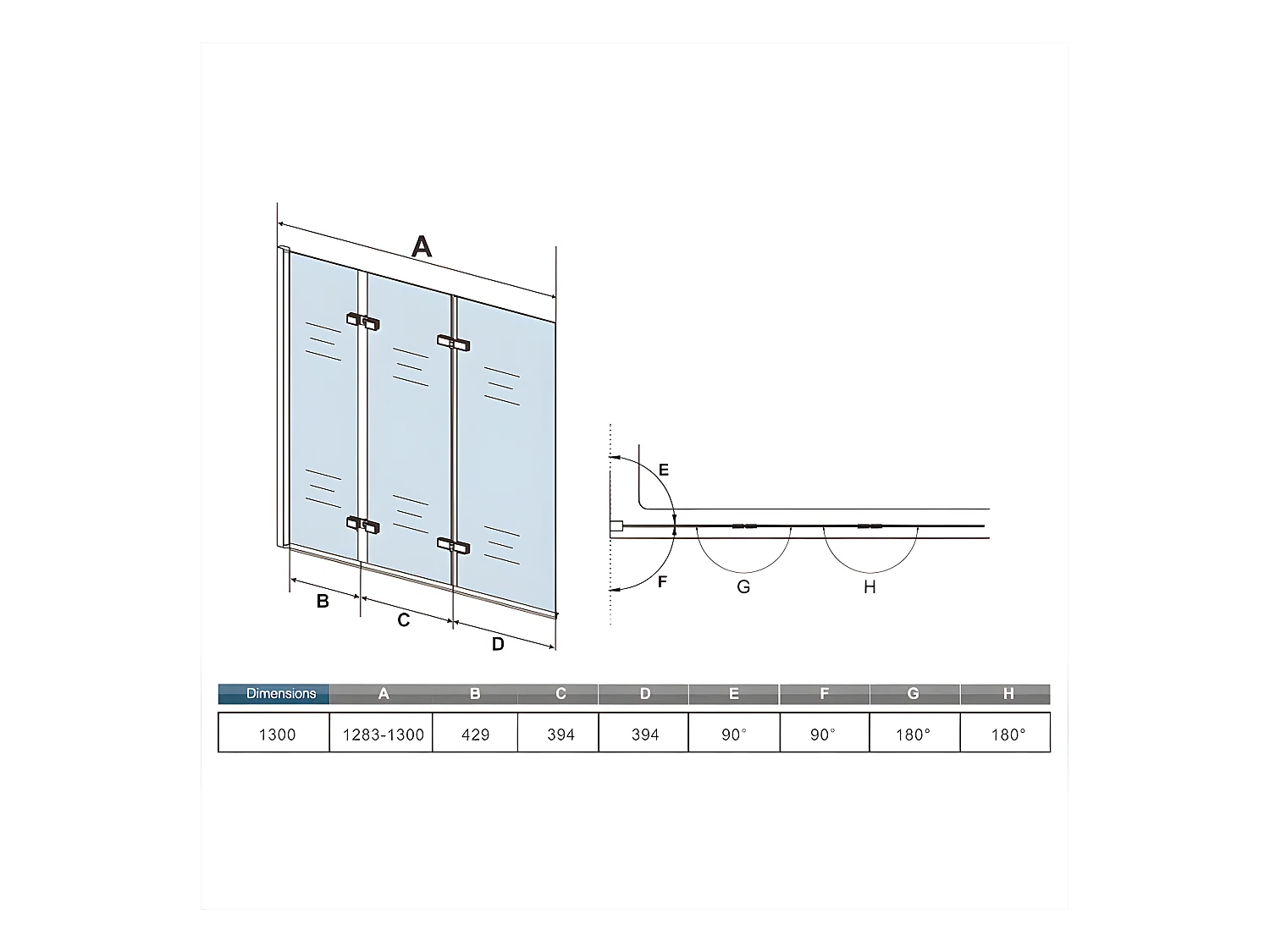 Pare-baignoire 130cm Hauteur 140cm, paroi de baignoire pivotant et pliant, 3 volets en verre anticalcaire