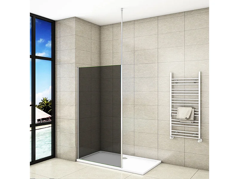Paroi de douche grise 120x200cm à l'italienne avec barre de fixation au plafond 203-320cm, en 8mm verre trempé anticalcaire