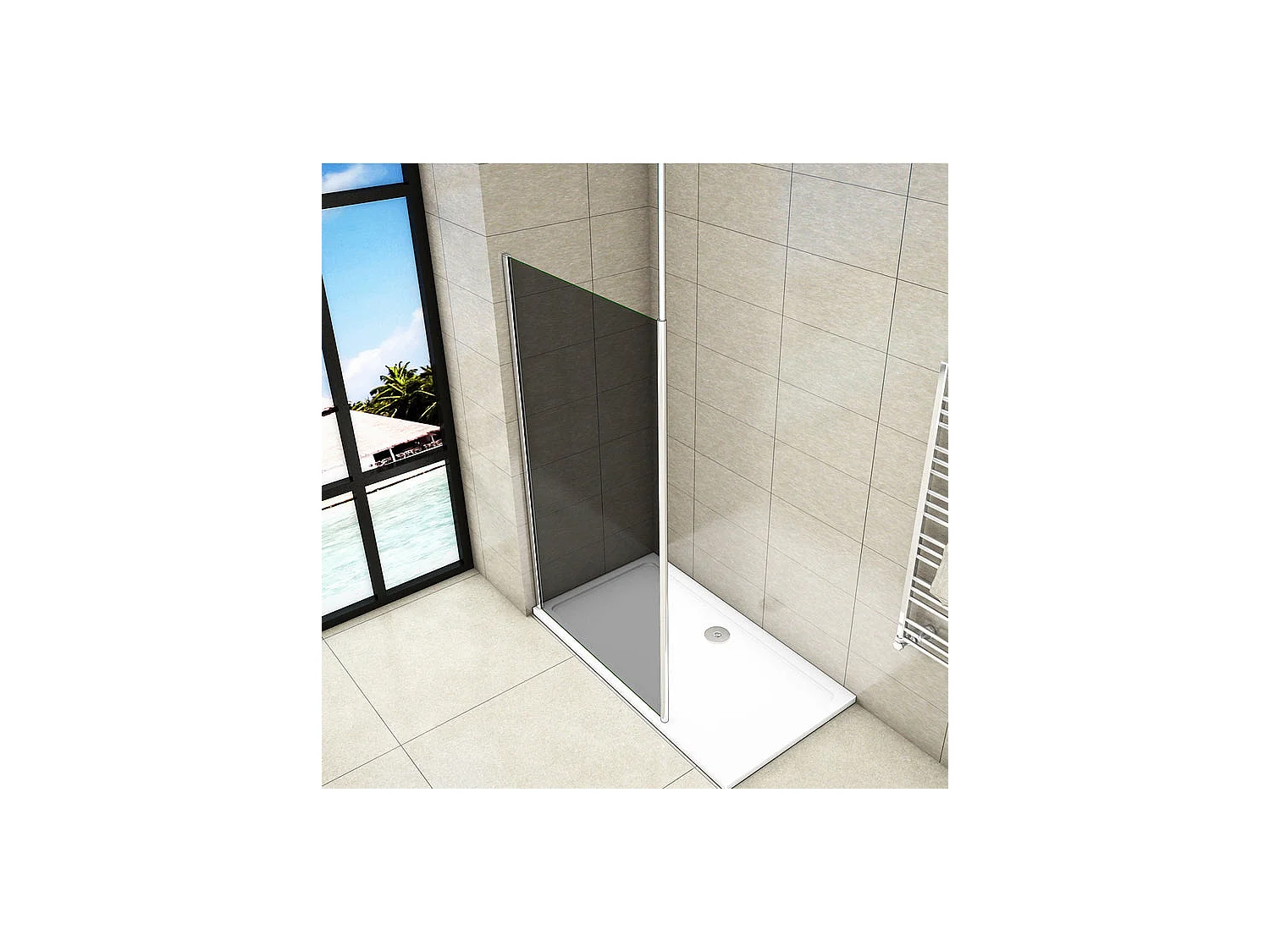 Paroi de douche grise 120x200cm à l'italienne avec barre de fixation au plafond 203-320cm, en 8mm verre trempé anticalcaire