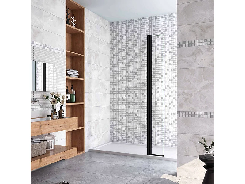 Volet pivotant seul 30x200cm pour paroi de douche à l'italienne noire en verre 8mm, retour pivotant à 180°, verre anticalcaire