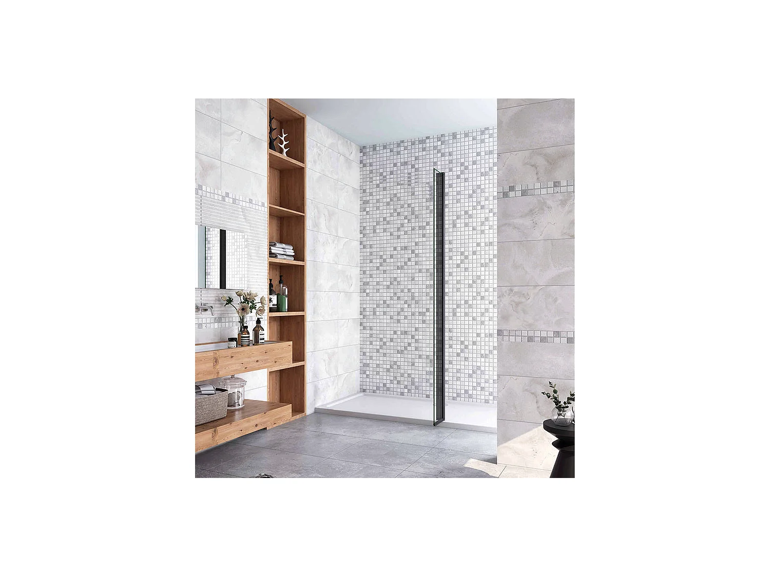 Enkelvoudige draaiwand 30x200cm voor 8mm glazen zwarte inloopdouchewand, 180° draaibare retour, anti-schubbend glas