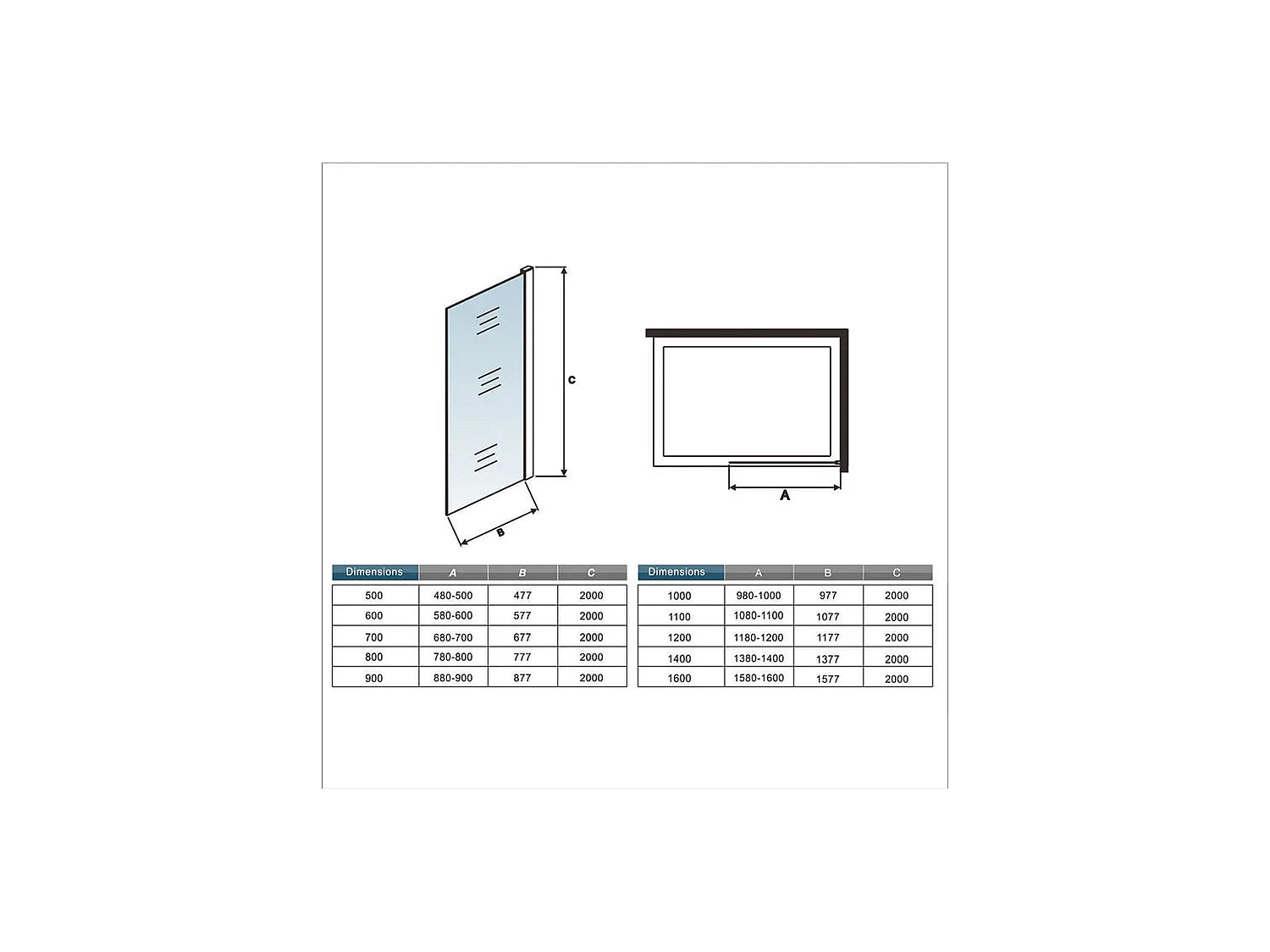 Paroi de douche fixe à l'italienne 140x200cm - Noir Mat - Verre 8mm anticalcaire, sans barre de fixation