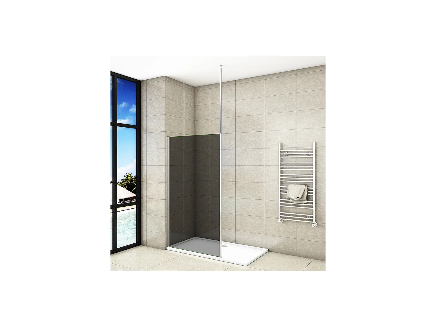 Paroi de douche grise 140x200cm à l'italienne avec barre de fixation au plafond 203-320cm, en 8mm verre trempé anticalcaire