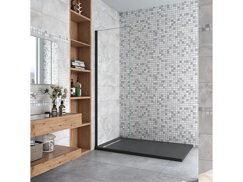 Paroi de douche fixe à l'italienne 60x200cm - Noir Mat - Verre 8mm anticalcaire, sans barre de fixation