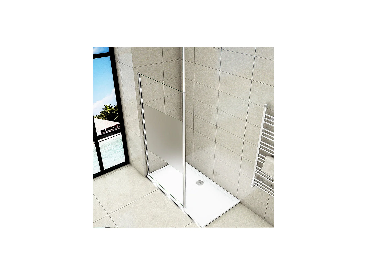 Paroi de douche à l'italienne 90x200cm avec barre de fixation au plafond 203-320cm, en 8mm verre bande centrale dépolie