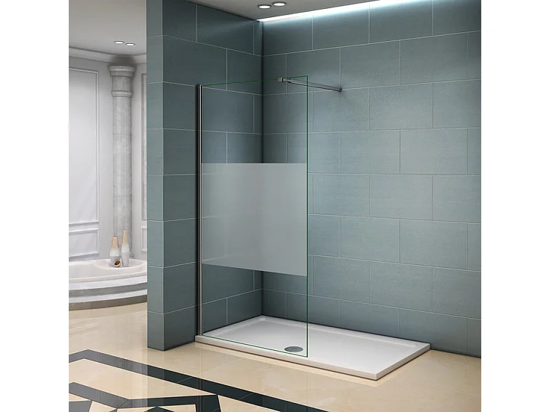 Paroi de douche à l'italienne 100x200cm avec barre de fixation 73-120cm en carré, en 8mm verre bande centrale dépolie