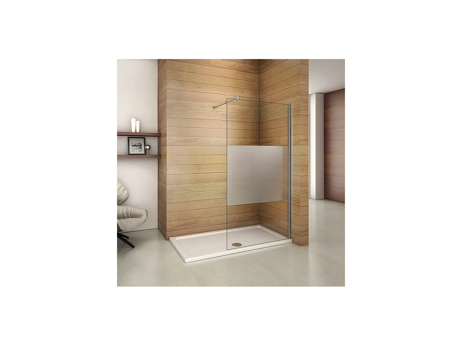 Paroi de douche à l'italienne 110x200cm avec barre de fixation 70-120cm en cylindrique, en 8mm verre bande centrale dépolie