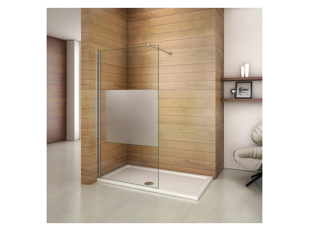 Inloopdouchewand 110x200cm met cilindrische bevestigingsstang van 70-120cm, middenstrook van 8mm matglas