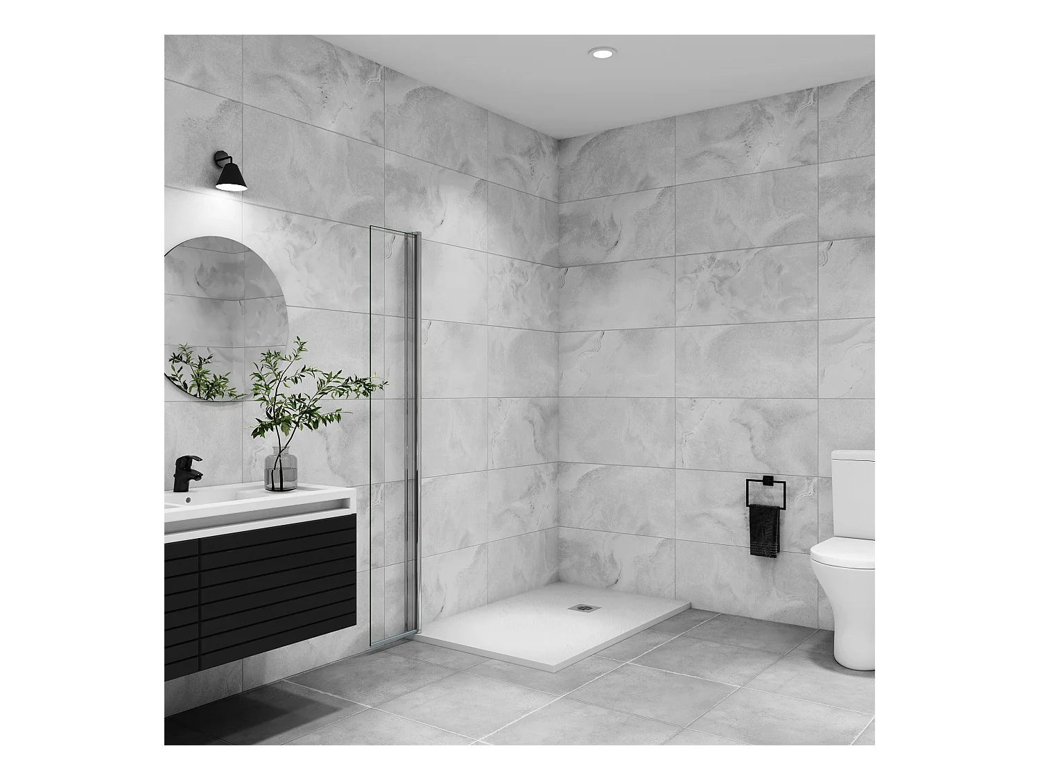 Paroi de douche italienne pivotante 45x200cm, paroi de douche retour pivotant mural en verre 8mm anticalcaire, profilé chromé