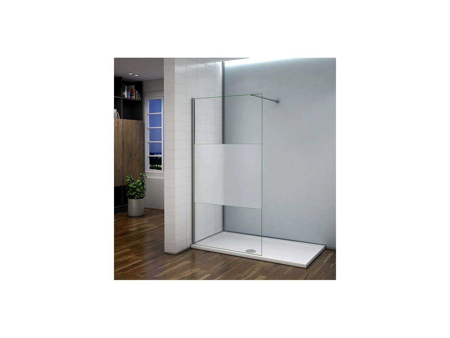 Paroi de douche à l'italienne 140x200cm avec barre de fixation 90cm recoupable, en 8mm verre bande centrale dépolie