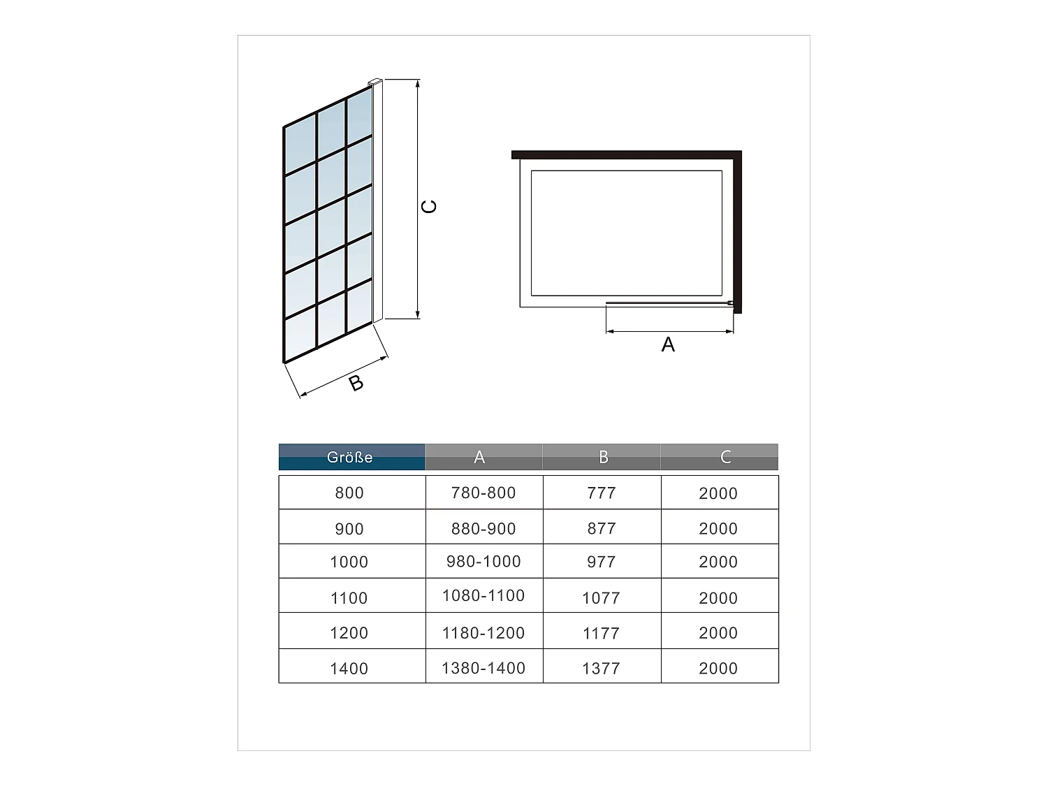 Paroi de douche fixe à l'italienne 100x200cm avec barre de fixation 90cm en carré - Noir - 8mm verre coloré et anticalcaire