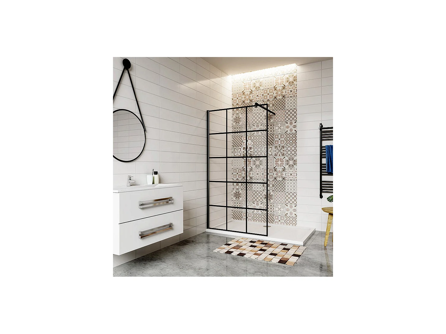 Vaste inloopdouchewand 100x200cm met 90cm vierkante bevestigingsstang - Zwart - 8mm gekleurd en antikalkglas