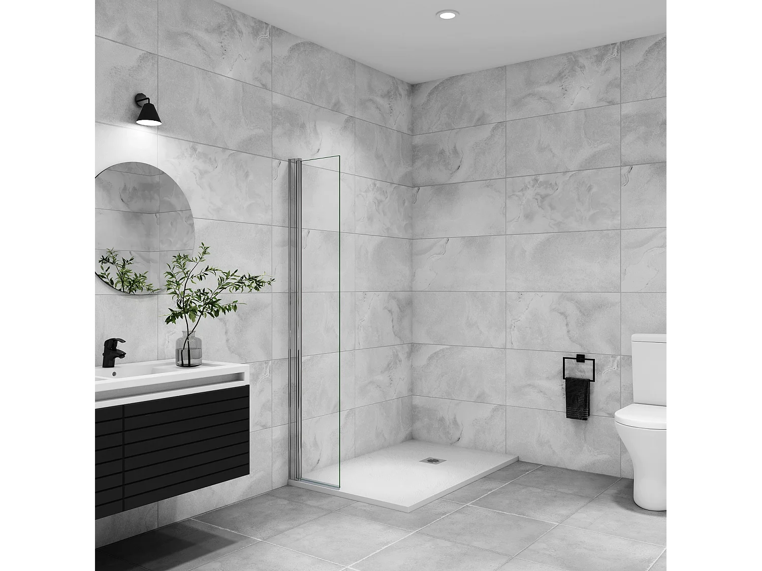 Paroi de douche italienne pivotante 35x200cm, paroi de douche retour pivotant mural en verre 8mm anticalcaire, profilé chromé