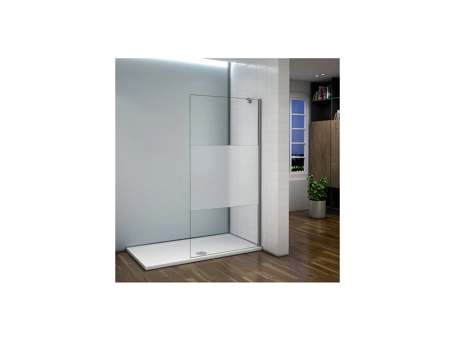 Paroi de douche à l'italienne 90x200cm avec barre de fixation d'angle 45cm, en 8mm verre bande centrale dépolie
